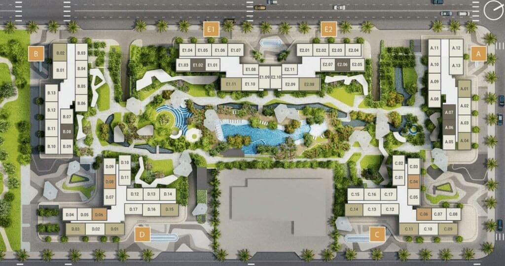 mặt bằng tổng quan 5 tòa tháp A B C D E Masteri Centre Point